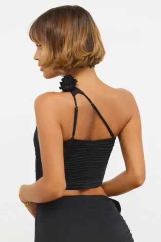 Tesia Slinky Jersey asymmetrisk topp med rosedetaljer i svart
