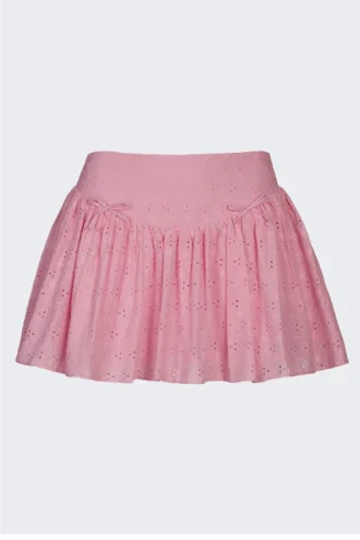 Thia miniskjørt med sløyfedetaljer og broderie anglaise i myk rosa