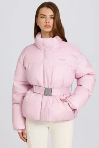 Vanntett, oversized skijakke med belte i Powder Pink