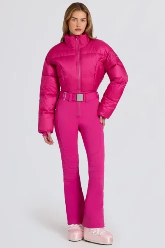 Vanntett, polstret skidress med belte i magenta rosa