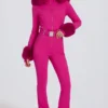 Vanntett skidress med hette i imitert pels i magenta rosa