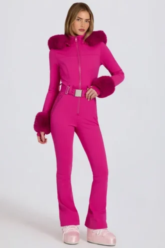 Vanntett skidress med hette i imitert pels i magenta rosa