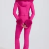 Vanntett skidress med hette i imitert pels i magenta rosa