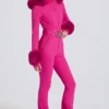 Vanntett skidress med hette i imitert pels i magenta rosa