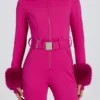 Vanntett skidress med hette i imitert pels i magenta rosa