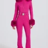 Vanntett skidress med hette i imitert pels i magenta rosa