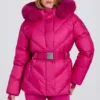 Vanntett skijakke med hette i imitert pels i magenta rosa