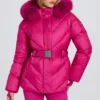 Vanntett skijakke med hette i imitert pels i magenta rosa