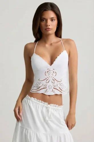 Vasilia Cutwork ryggløs bomullspoplin-camisole-top i hvitt