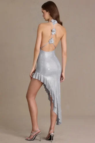 Vivienne Premium Embellished Plunge Asymmetric Maxikjole i sølv