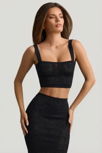 Yolanda Pointelle-strikket crop-top i svart