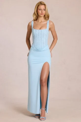Zalia Lace Corset Maxikjole i Powder Blue