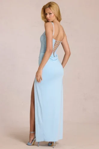 Zalia Lace Corset Maxikjole i Powder Blue