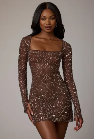 Zeta Sheer Embellished langermet A-linje minikjole i Deep Cocoa