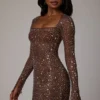 Zeta Sheer Embellished langermet A-linje minikjole i Deep Cocoa