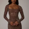 Zeta Sheer Embellished langermet A-linje minikjole i Deep Cocoa