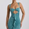Zivanka Slinky Jersey Cut-Out Ruffle-Trim Minikjoler i sjøgrønn