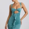 Zivanka Slinky Jersey Cut-Out Ruffle-Trim Minikjoler i sjøgrønn