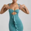 Zivanka Slinky Jersey Cut-Out Ruffle-Trim Minikjoler i sjøgrønn